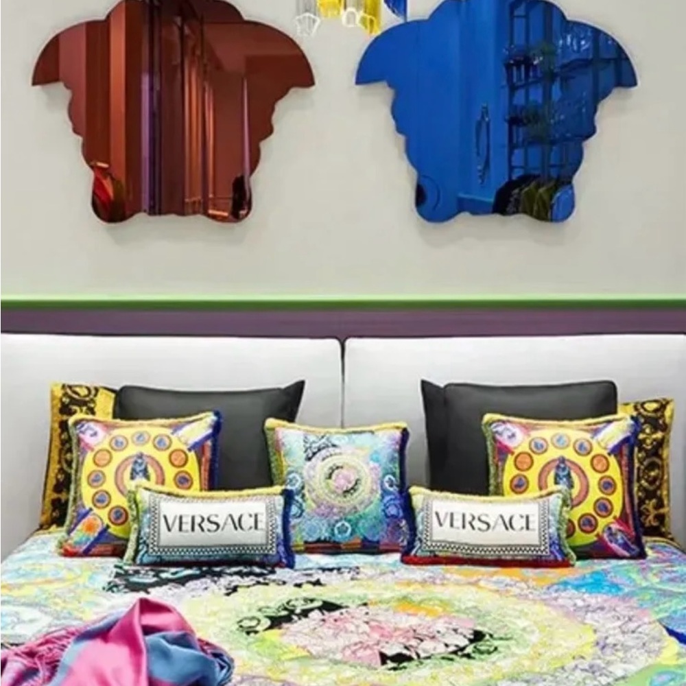 Versace multicolor cushion, 100% silk. fringe trim.
